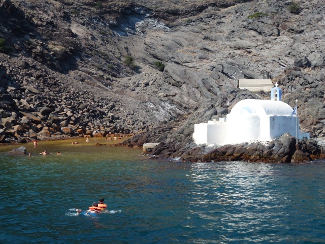 The sulfur springs in Santorini. The yellow water is the sulfur.